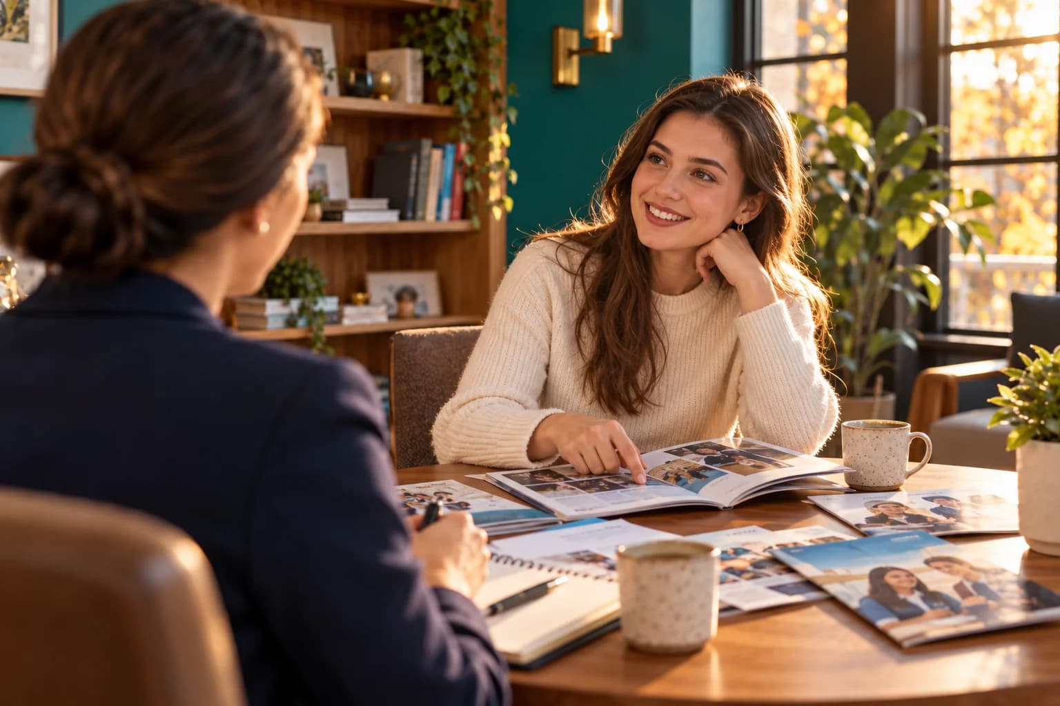 An adviser and a student in a one-on-one meeting, looking through college program brochures together in a warm office with a deep teal wall.