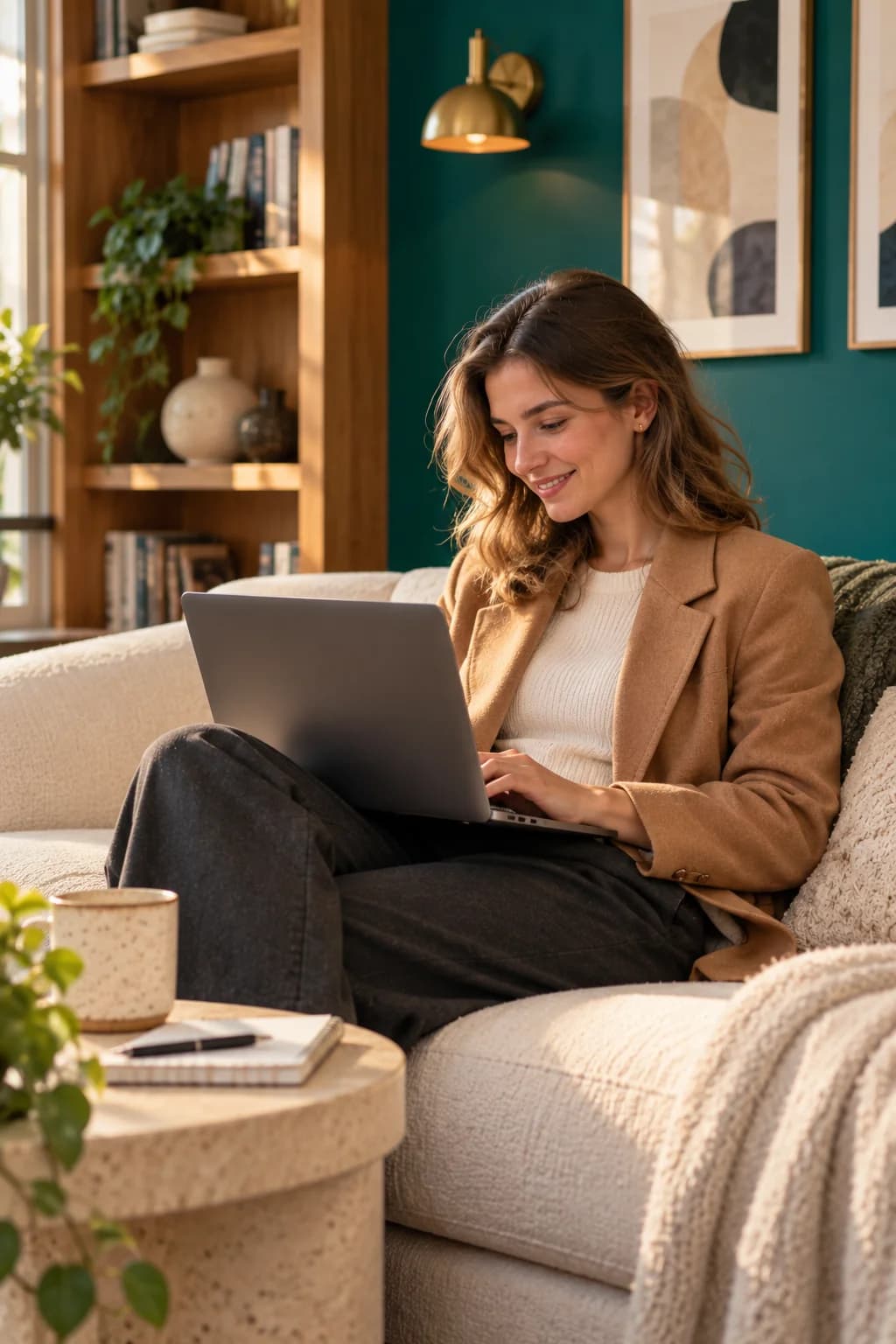 A student smiling at her laptop on a sofa, in a warm living room with a deep teal wall, bookshelves and framed prints.