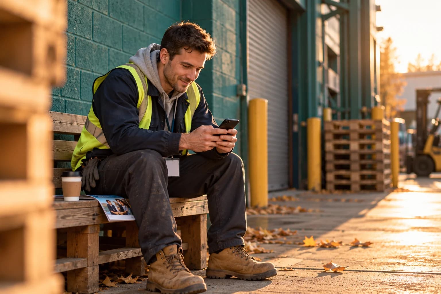 A warehouse worker in a hi-vis vest on his break, sitting by a teal warehouse wall and looking at his phone, thinking about a new career.